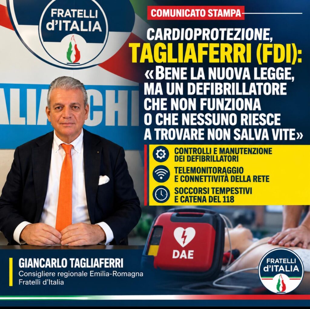 Grafica del comunicato sulla cardioprotezione con Giancarlo Tagliaferri e un defibrillatore